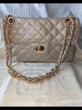 Kate Landry Quilted Shoulder Bag in Metallic Champagne with Gold Chain